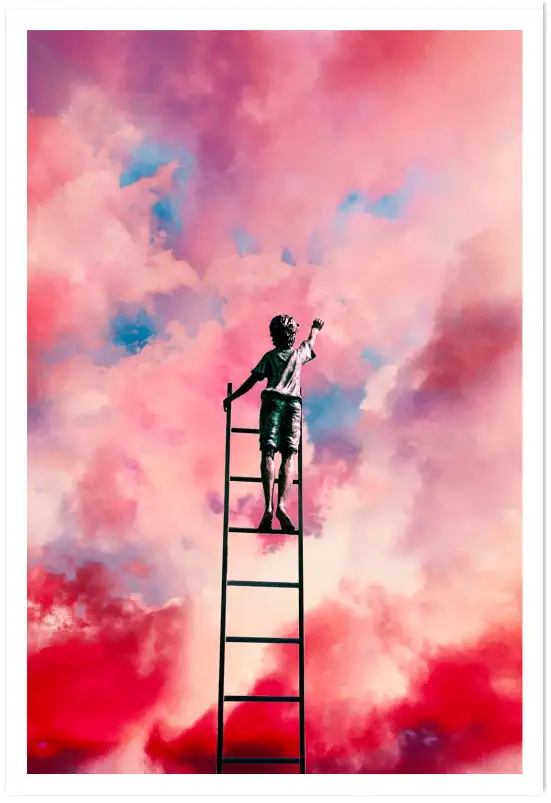 Affiche surréaliste enfant sur échelle - ciel et nuages roses