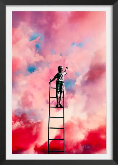 Affiche surréaliste enfant sur échelle - ciel et nuages roses