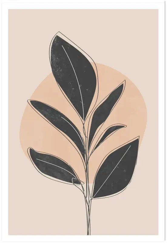 Affiche botanique line art - feuille noire et fond pêche nude