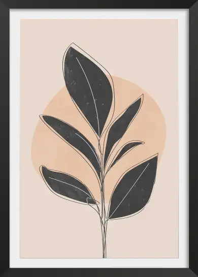 Affiche botanique line art - feuille noire et fond pêche nude