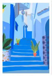 Affiche voyage chefchaouen - ruelle bleue et pots de plantes