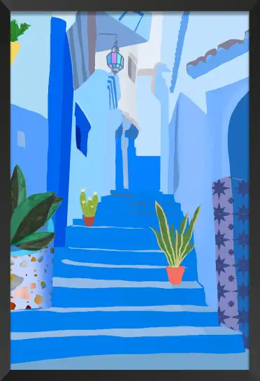 Affiche voyage chefchaouen - ruelle bleue et pots de plantes