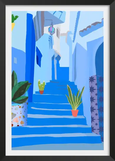 Affiche voyage chefchaouen - ruelle bleue et pots de plantes