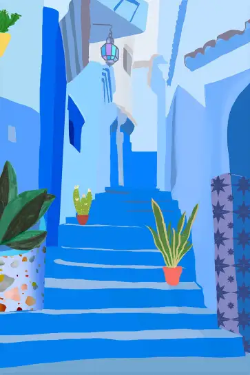 Affiche voyage chefchaouen - ruelle bleue et pots de plantes