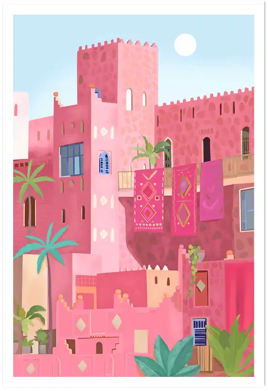 Affiche architecture orientale - kasbah rose et tapis suspendus