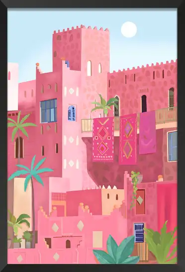 Affiche architecture orientale - kasbah rose et tapis suspendus