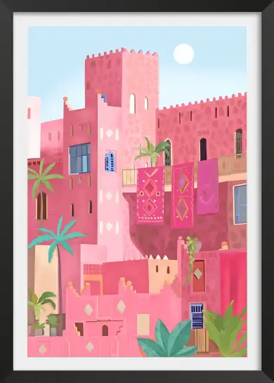 Affiche architecture orientale - kasbah rose et tapis suspendus