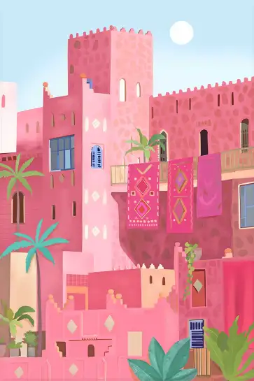 Affiche architecture orientale - kasbah rose et tapis suspendus