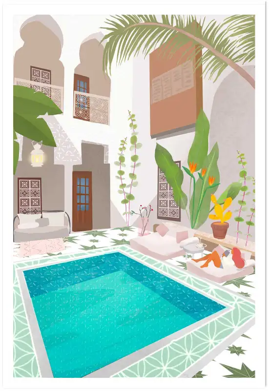Affiche voyage riad - patio avec piscine et terrasse ensoleillée
