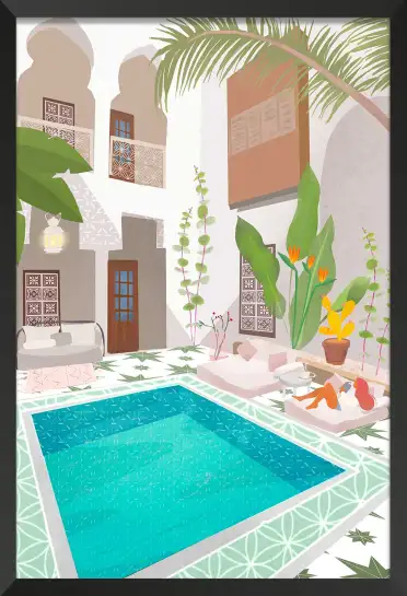 Affiche voyage riad - patio avec piscine et terrasse ensoleillée