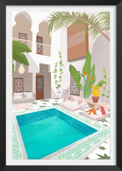 Affiche voyage riad - patio avec piscine et terrasse ensoleillée