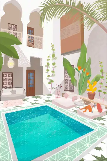 Affiche voyage riad - patio avec piscine et terrasse ensoleillée