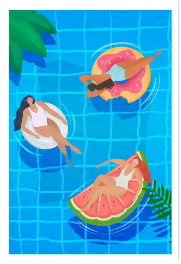 Affiche estivale piscine - femmes sur bouées géantes matelas