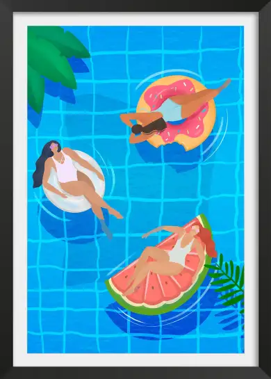 Affiche estivale piscine - femmes sur bouées géantes matelas