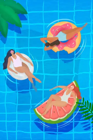 Affiche estivale piscine - femmes sur bouées géantes matelas