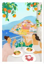 Affiche Italie - Dîner de pâtes sur un balcon à Positano