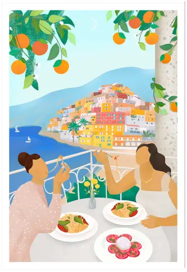 Affiche Italie - Dîner de pâtes sur un balcon à Positano