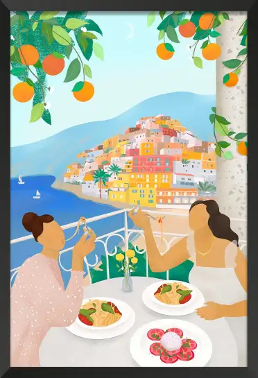 Affiche Italie - Dîner de pâtes sur un balcon à Positano