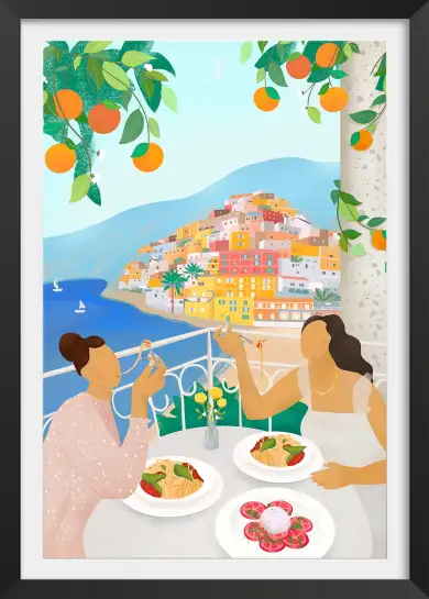 Affiche Italie - Dîner de pâtes sur un balcon à Positano