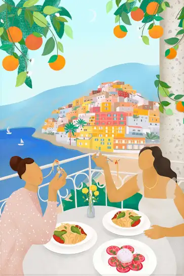 Affiche Italie - Dîner de pâtes sur un balcon à Positano