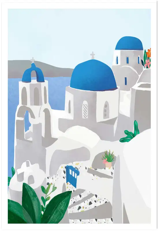Affiche Grèce - Églises et dômes bleus de Santorin