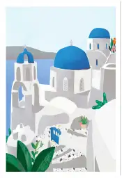 Affiche Grèce - Églises et dômes bleus de Santorin