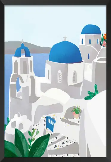 Affiche Grèce - Églises et dômes bleus de Santorin