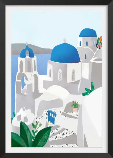 Affiche Grèce - Églises et dômes bleus de Santorin