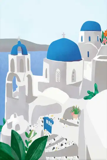 Affiche Grèce - Églises et dômes bleus de Santorin