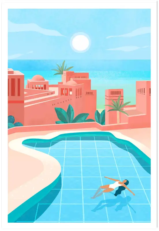 Affiche Oasis Orientale - Baignade au pied d'une kasbah