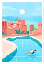 Affiche Oasis Orientale - Baignade au pied d'une kasbah