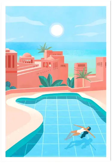 Affiche Oasis Orientale - Baignade au pied d'une kasbah