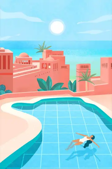 Affiche Oasis Orientale - Baignade au pied d'une kasbah