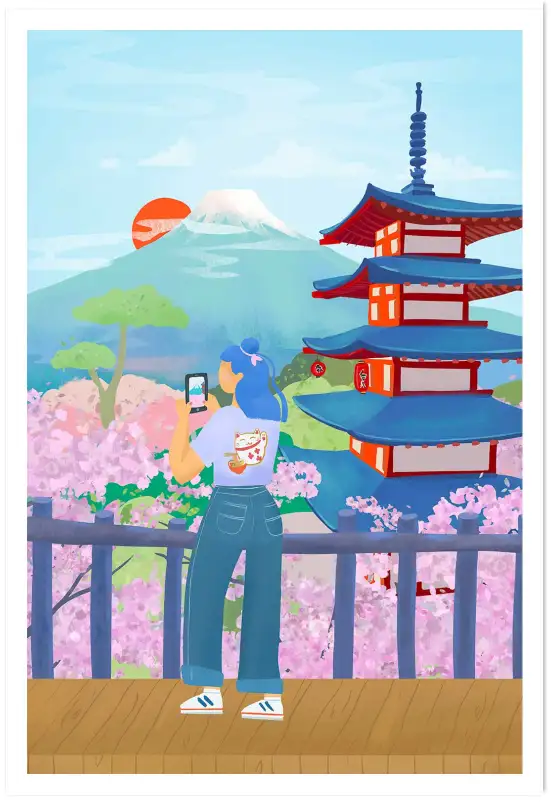 Affiche Voyage Japon - Cerisiers en fleurs et Mont Fuji