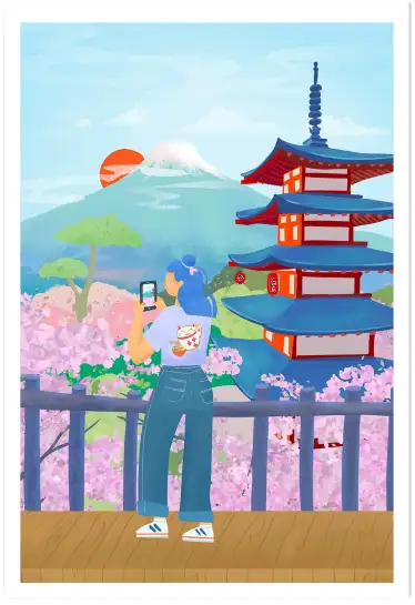 Affiche Voyage Japon - Cerisiers en fleurs et Mont Fuji