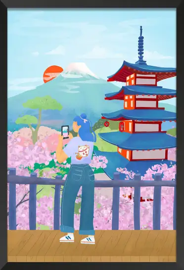 Affiche Voyage Japon - Cerisiers en fleurs et Mont Fuji