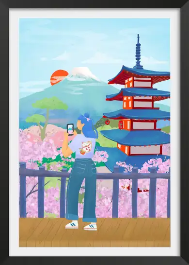 Affiche Voyage Japon - Cerisiers en fleurs et Mont Fuji