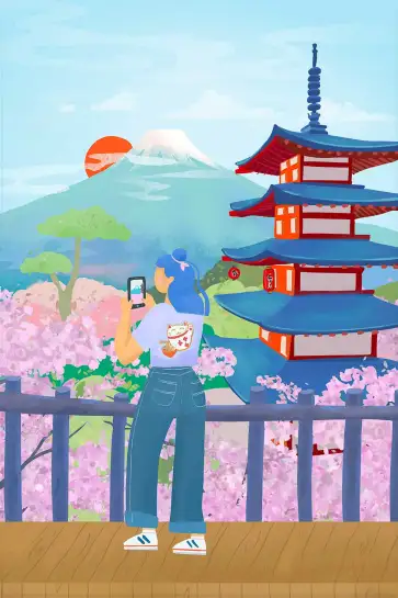 Affiche Voyage Japon - Cerisiers en fleurs et Mont Fuji
