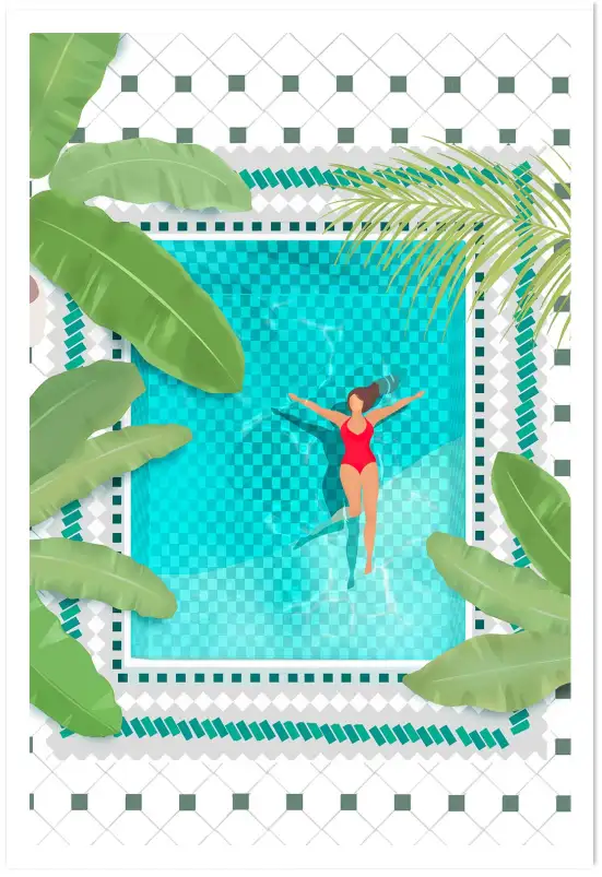 Affiche Pattern Piscine - Nageuse et végétation tropicale vue du dessus