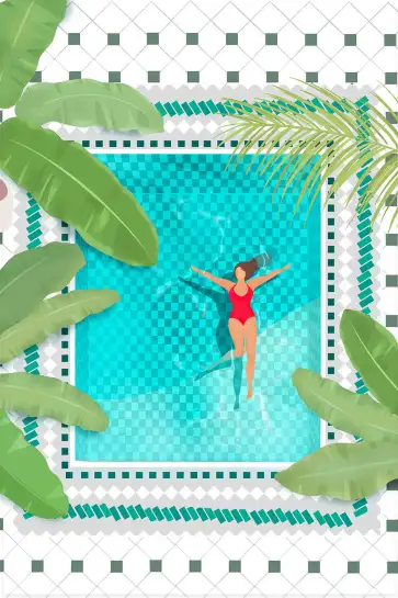 Affiche Pattern Piscine - Nageuse et végétation tropicale vue du dessus