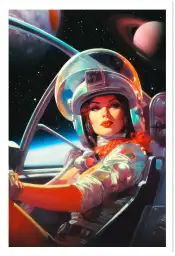 Affiche Retro Science-Fiction - Femme astronome dans son vaisseau spaciale