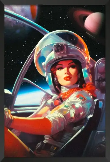 Affiche Retro Science-Fiction - Femme astronome dans son vaisseau spaciale
