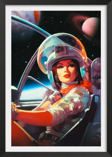 Affiche Retro Science-Fiction - Femme astronome dans son vaisseau spaciale