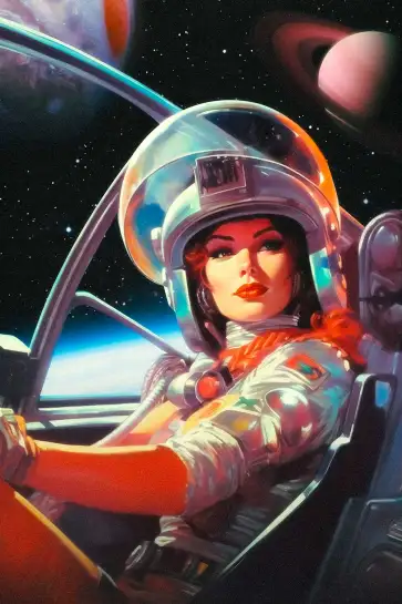 Affiche Retro Science-Fiction - Femme astronome dans son vaisseau spaciale