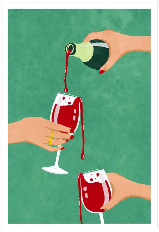 Affiche Apéritif Et Vin - Verres de vin rouge et bouteille