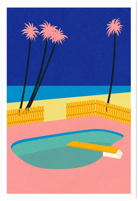 Affiche Summer Retro - Piscine rose et plongeoir face à la mer