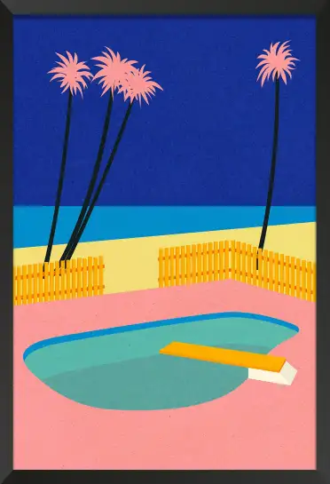 Affiche Summer Retro - Piscine rose et plongeoir face à la mer