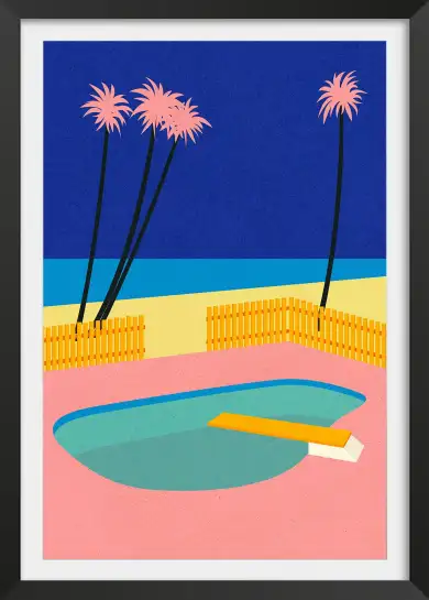 Affiche Summer Retro - Piscine rose et plongeoir face à la mer