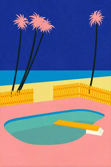 Affiche Summer Retro - Piscine rose et plongeoir face à la mer