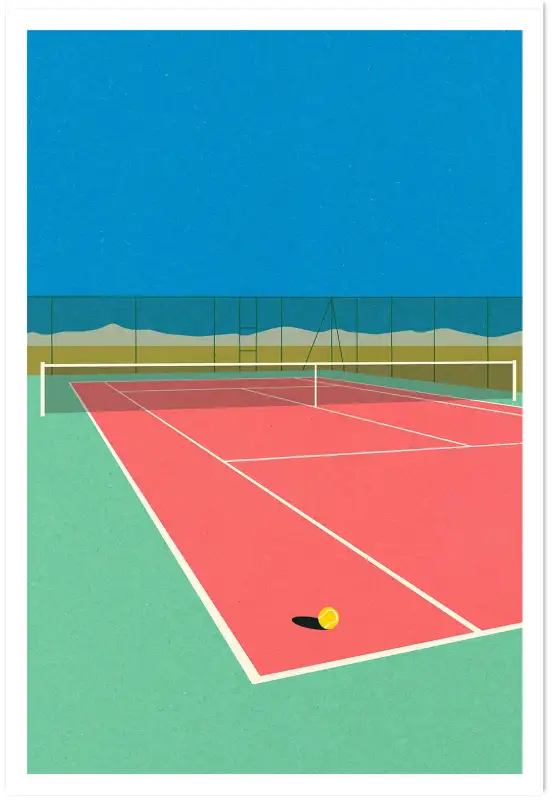 Affiche Sport Retro - Terrain de tennis rose et vert au bord de la mer